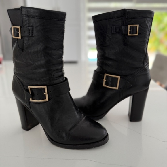 Jimmy Choo DART Black Leather Mid Calf Distressed Boots Block Heel - Picture 8 of 11